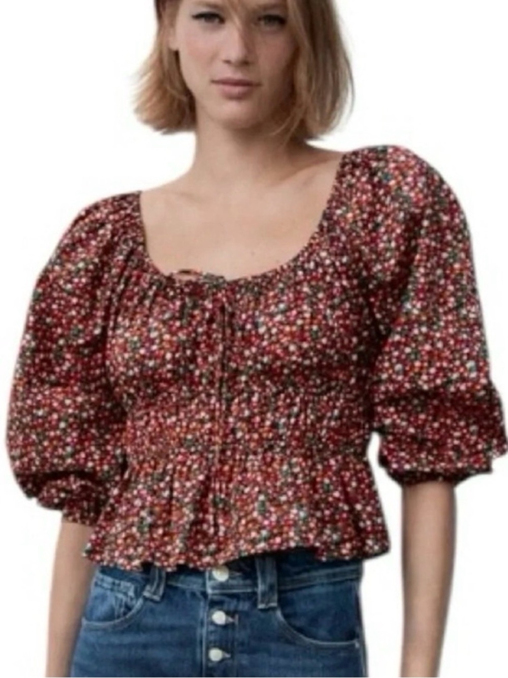 Zara Floral Smocked Puff Sleeve Pullover Black Pink Orange Top small cottagecore
